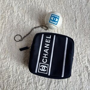CHANEL CC Logo Navy Mini Bag Coin Pouch w Chanel Tennis Ball Bag Chain🎾